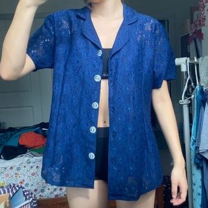 Deep floral sheer blue oversized t shirt top